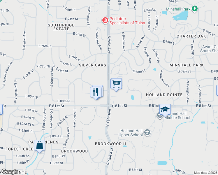 map of restaurants, bars, coffee shops, grocery stores, and more near in Tulsa