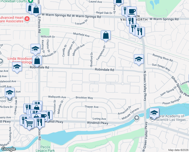 map of restaurants, bars, coffee shops, grocery stores, and more near 2316 Prometheus Court in Henderson