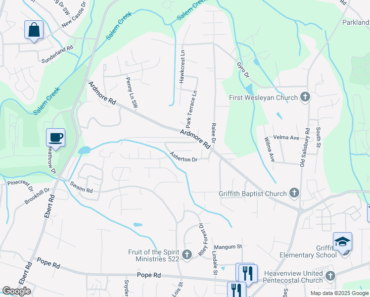map of restaurants, bars, coffee shops, grocery stores, and more near 135 Braeburn Drive in Winston-Salem