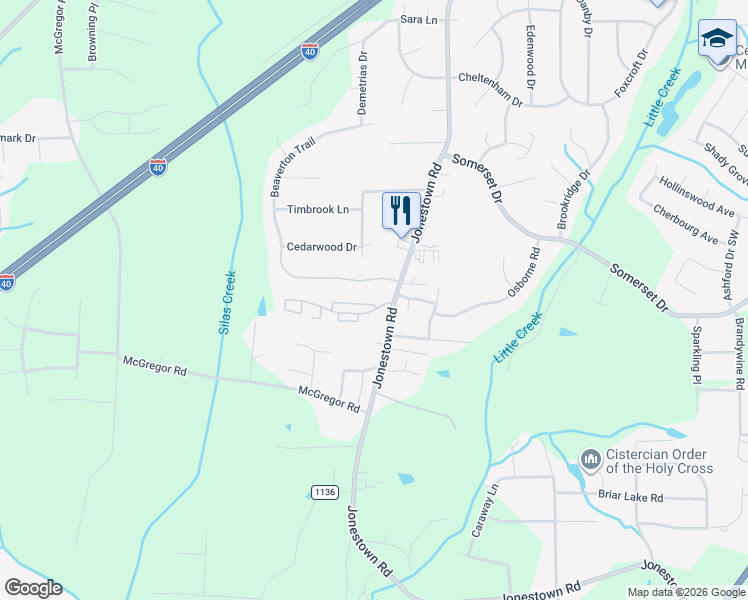 map of restaurants, bars, coffee shops, grocery stores, and more near 1100 Barbara Anne Circle in Winston-Salem
