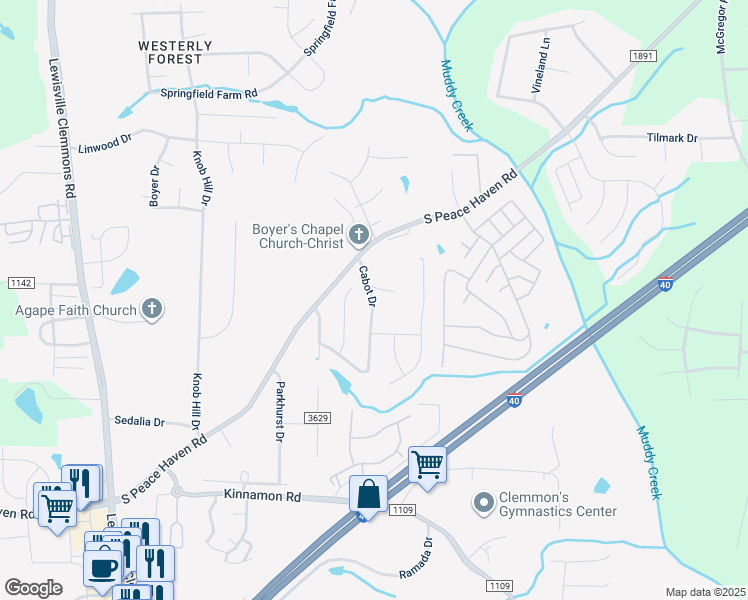 map of restaurants, bars, coffee shops, grocery stores, and more near 250 Cabot Drive in Winston-Salem