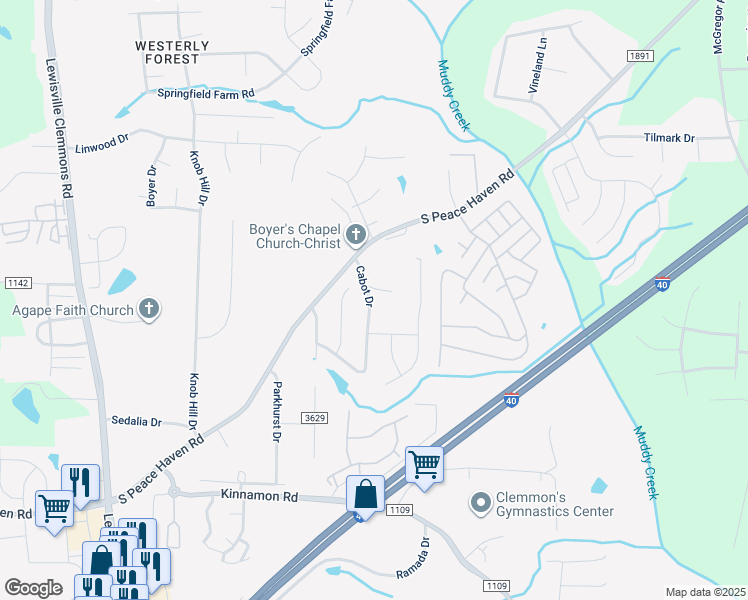 map of restaurants, bars, coffee shops, grocery stores, and more near 250 Cabot Drive in Winston-Salem
