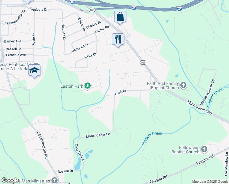 map of restaurants, bars, coffee shops, grocery stores, and more near 3649 Cash Drive in Winston-Salem