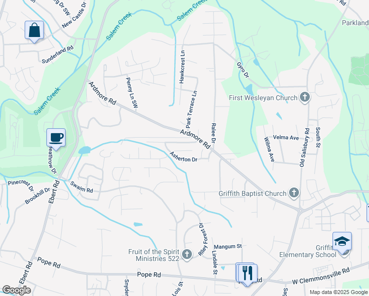 map of restaurants, bars, coffee shops, grocery stores, and more near 135 Braeburn Drive in Winston-Salem