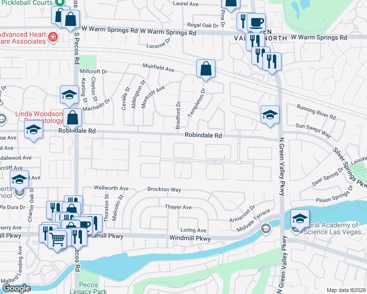 map of restaurants, bars, coffee shops, grocery stores, and more near 2316 Prometheus Court in Henderson