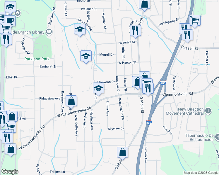 map of restaurants, bars, coffee shops, grocery stores, and more near 327 Strickland Avenue in Winston-Salem