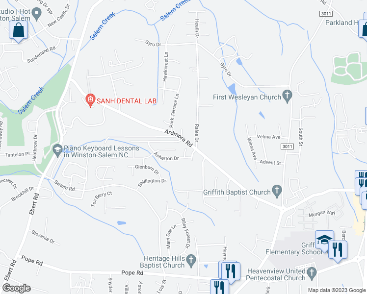 map of restaurants, bars, coffee shops, grocery stores, and more near 135 Asherton Court in Winston-Salem