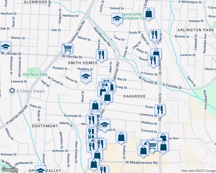 map of restaurants, bars, coffee shops, grocery stores, and more near 512 West Terrell Street in Greensboro