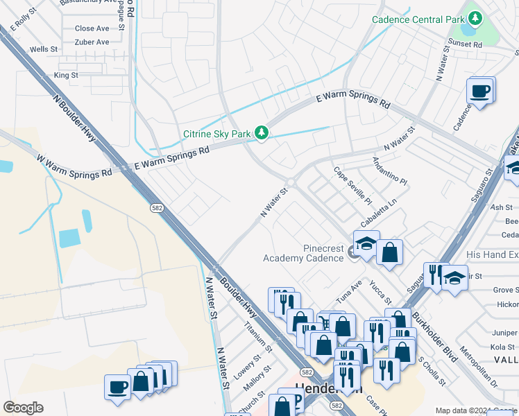 map of restaurants, bars, coffee shops, grocery stores, and more near 633 North Water Street in Henderson