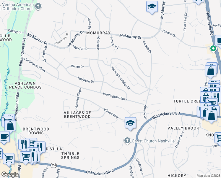 map of restaurants, bars, coffee shops, grocery stores, and more near 588 Huntington Parkway in Nashville