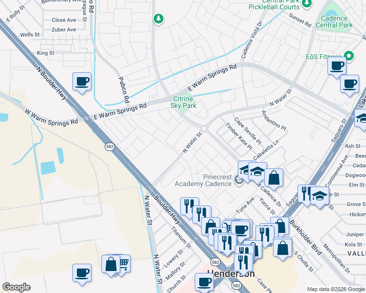 map of restaurants, bars, coffee shops, grocery stores, and more near 633 North Water Street in Henderson