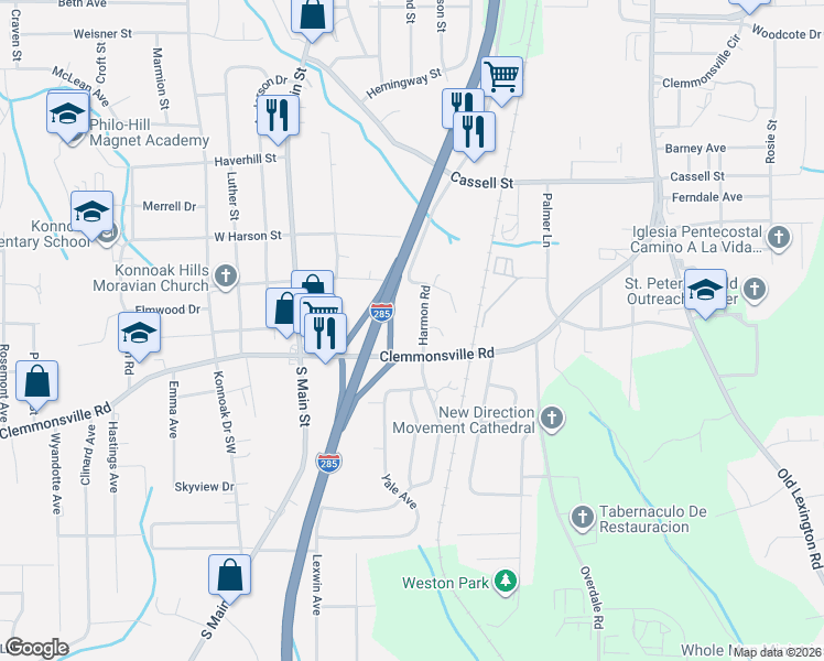 map of restaurants, bars, coffee shops, grocery stores, and more near 3504 Harmon Road in Winston-Salem