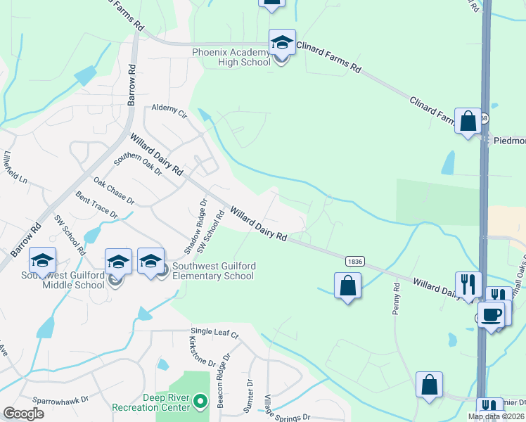 map of restaurants, bars, coffee shops, grocery stores, and more near 4313 Willard Dairy Road in High Point