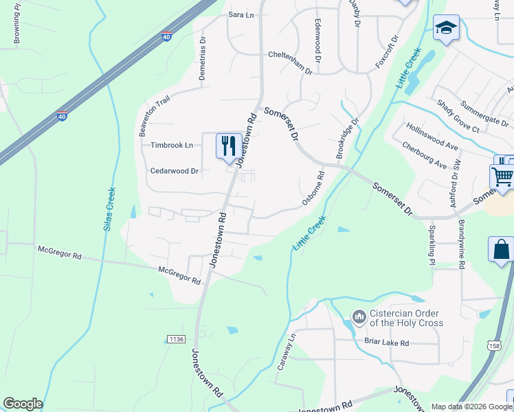 map of restaurants, bars, coffee shops, grocery stores, and more near 547 Osborne Road in Winston-Salem