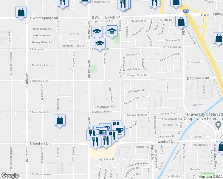 map of restaurants, bars, coffee shops, grocery stores, and more near 577 East Via Alhambra Court in Las Vegas