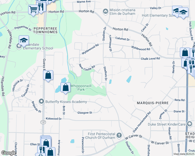 map of restaurants, bars, coffee shops, grocery stores, and more near 1321 New Castle Road in Durham