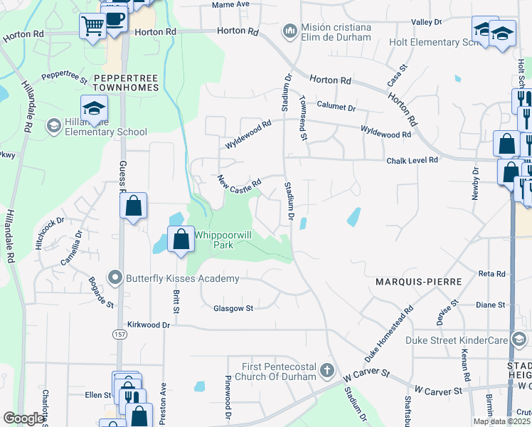 map of restaurants, bars, coffee shops, grocery stores, and more near 1321 New Castle Road in Durham