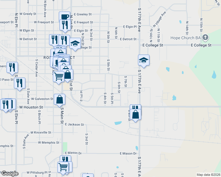 map of restaurants, bars, coffee shops, grocery stores, and more near 412 South 5th Street in Broken Arrow
