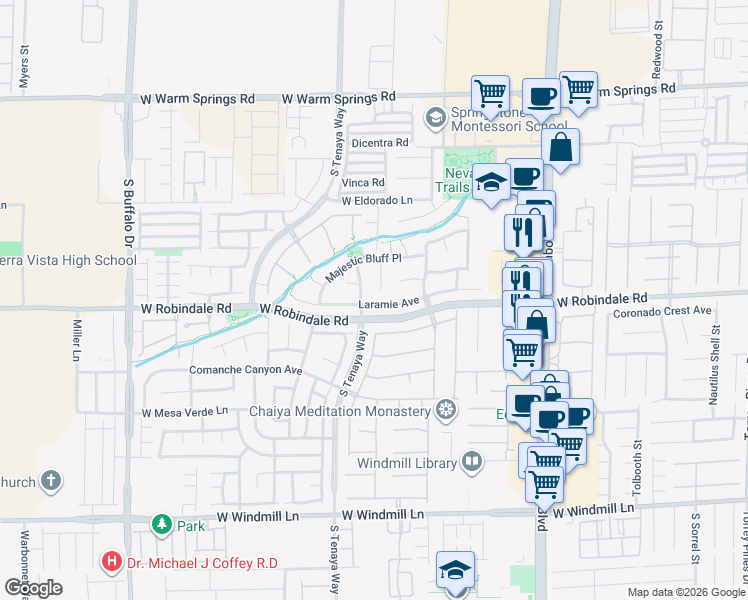 map of restaurants, bars, coffee shops, grocery stores, and more near 7266 Laramie Avenue in Las Vegas