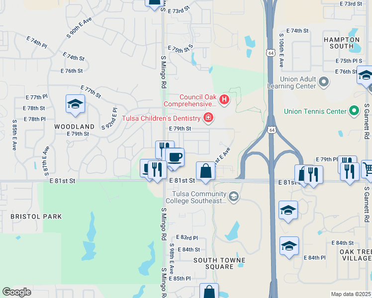 map of restaurants, bars, coffee shops, grocery stores, and more near 8001 South Mingo Road in Tulsa