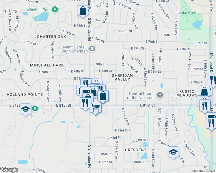 map of restaurants, bars, coffee shops, grocery stores, and more near 6723 East 79th Street in Tulsa