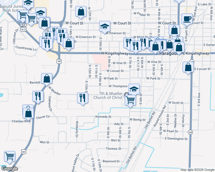 map of restaurants, bars, coffee shops, grocery stores, and more near 915 West Mueller in Paragould