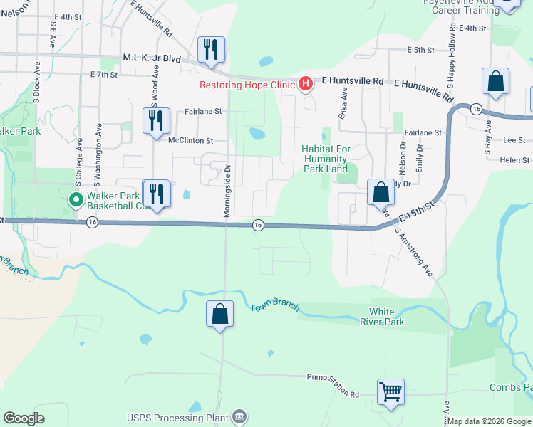 map of restaurants, bars, coffee shops, grocery stores, and more near 769-1261 E 15th St in Fayetteville