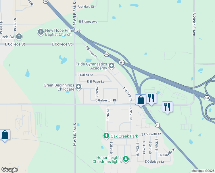 map of restaurants, bars, coffee shops, grocery stores, and more near 505 South 27th Street in Broken Arrow