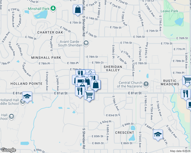 map of restaurants, bars, coffee shops, grocery stores, and more near 6704 East 79th Street in Tulsa