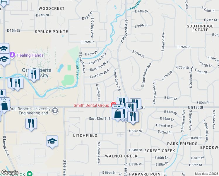 map of restaurants, bars, coffee shops, grocery stores, and more near 7920 South Florence Avenue East in Tulsa