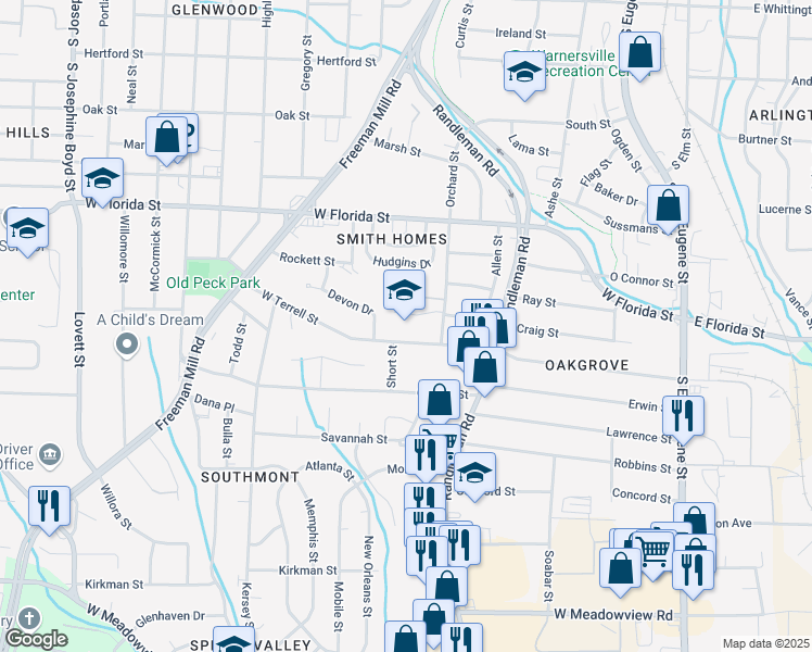 map of restaurants, bars, coffee shops, grocery stores, and more near 600 West Terrell Street in Greensboro