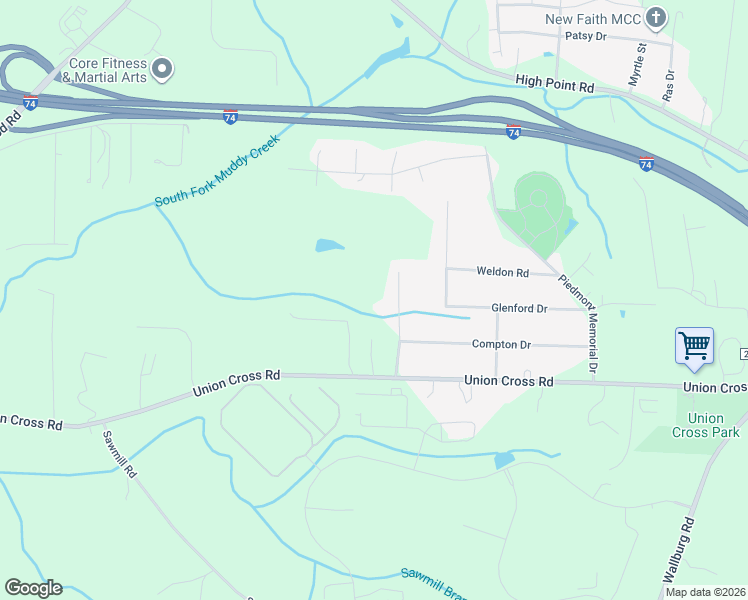 map of restaurants, bars, coffee shops, grocery stores, and more near 2042 Union Cross Road in Winston-Salem