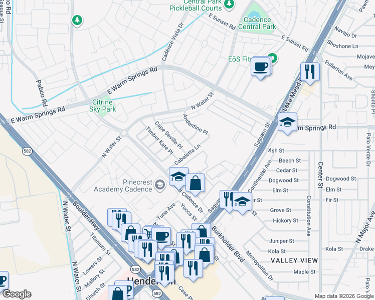 map of restaurants, bars, coffee shops, grocery stores, and more near 282 Cape Seville Place in Henderson
