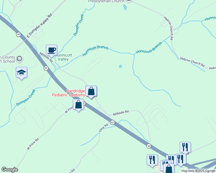 map of restaurants, bars, coffee shops, grocery stores, and more near 238 Milldale Road in Dandridge