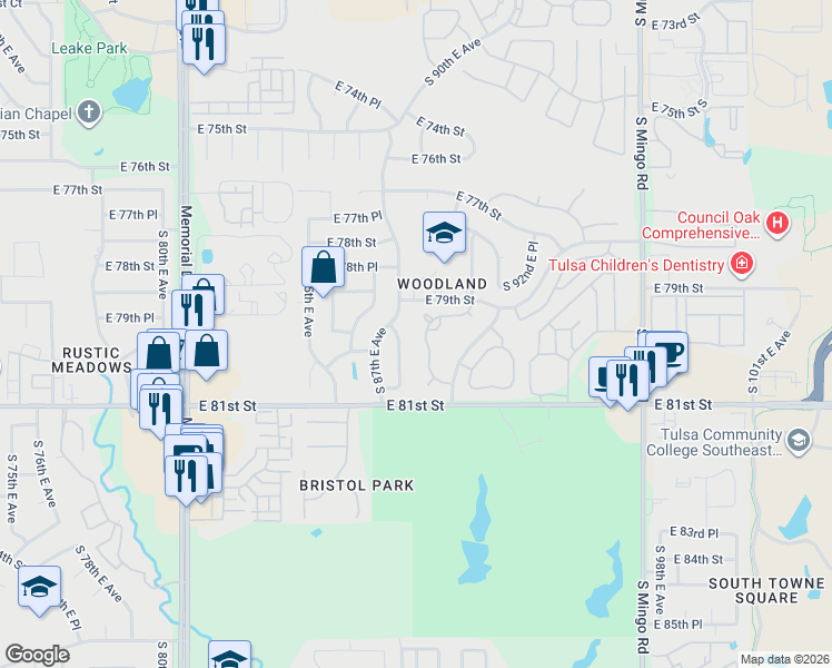 map of restaurants, bars, coffee shops, grocery stores, and more near 7956 South 90th East Avenue in Tulsa
