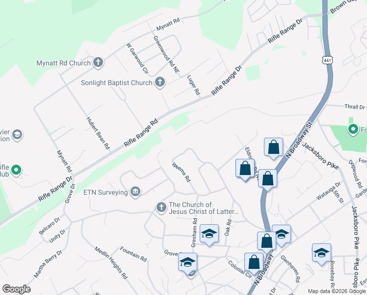 map of restaurants, bars, coffee shops, grocery stores, and more near 6029 Weems Road in Knoxville