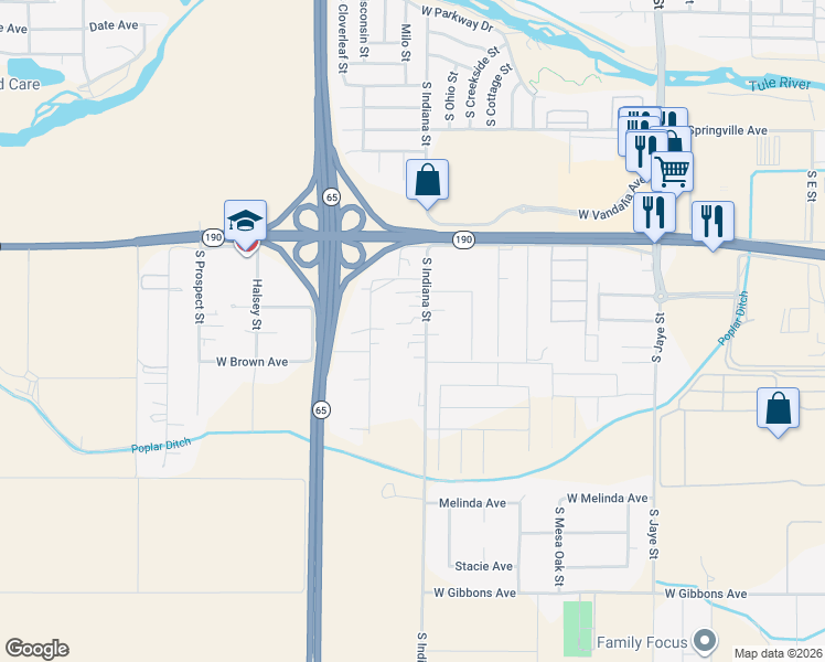 map of restaurants, bars, coffee shops, grocery stores, and more near 955 South Indiana Street in Porterville