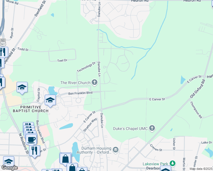 map of restaurants, bars, coffee shops, grocery stores, and more near 4002 Lillington Drive in Durham