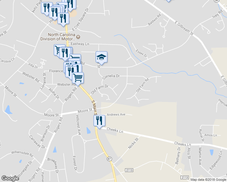 map of restaurants, bars, coffee shops, grocery stores, and more near Old Farm Drive in Graham