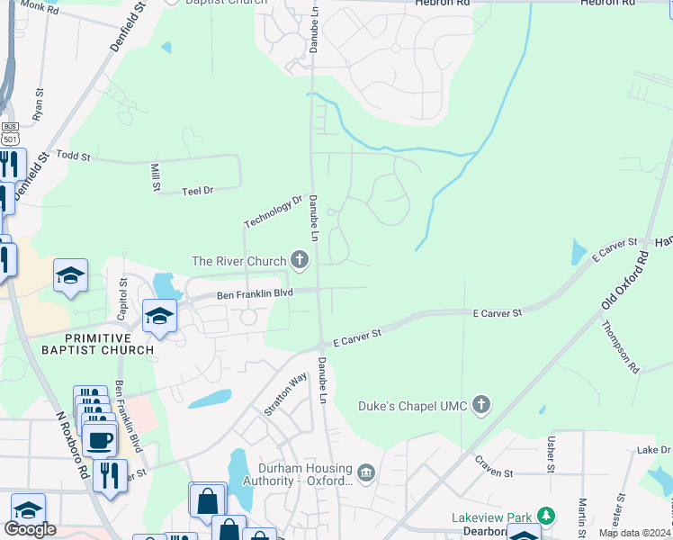 map of restaurants, bars, coffee shops, grocery stores, and more near 4002 Lillington Drive in Durham