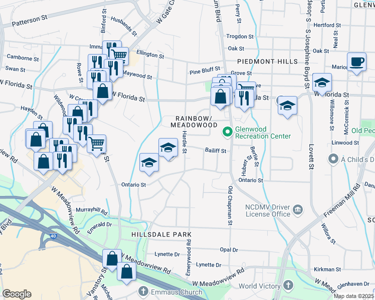 map of restaurants, bars, coffee shops, grocery stores, and more near 2105 Hardie Court in Greensboro