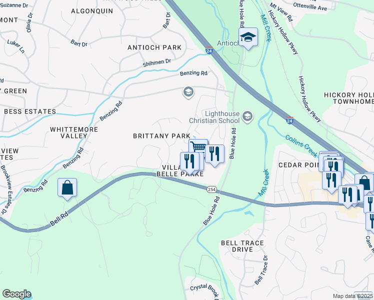 map of restaurants, bars, coffee shops, grocery stores, and more near 1345 Bell Road in Nashville