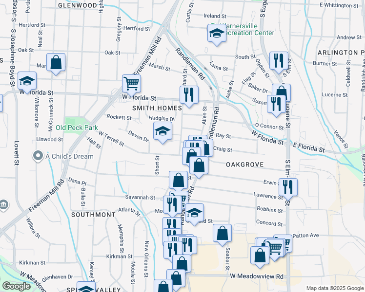 map of restaurants, bars, coffee shops, grocery stores, and more near 527 West Terrell Street in Greensboro