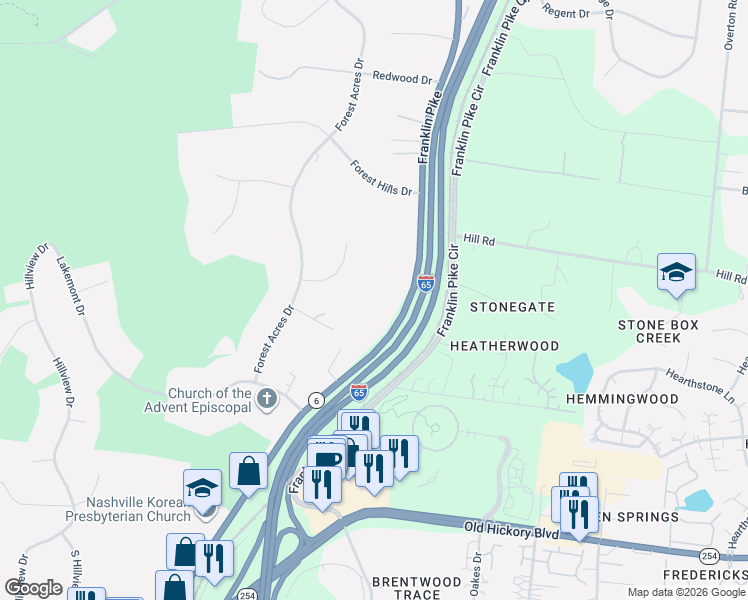 map of restaurants, bars, coffee shops, grocery stores, and more near 5429 Franklin Pike in Nashville