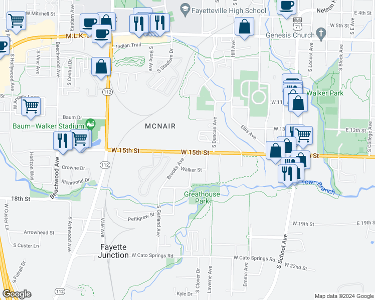 map of restaurants, bars, coffee shops, grocery stores, and more near 1538 Brooks Avenue in Fayetteville