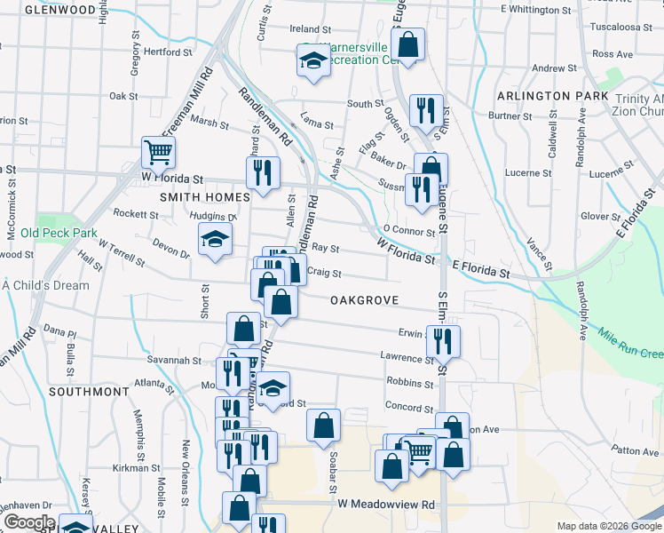 map of restaurants, bars, coffee shops, grocery stores, and more near 307 Craig Street in Greensboro