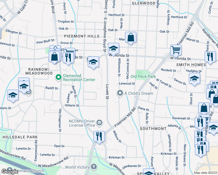 map of restaurants, bars, coffee shops, grocery stores, and more near 1561 Lovett Street in Greensboro