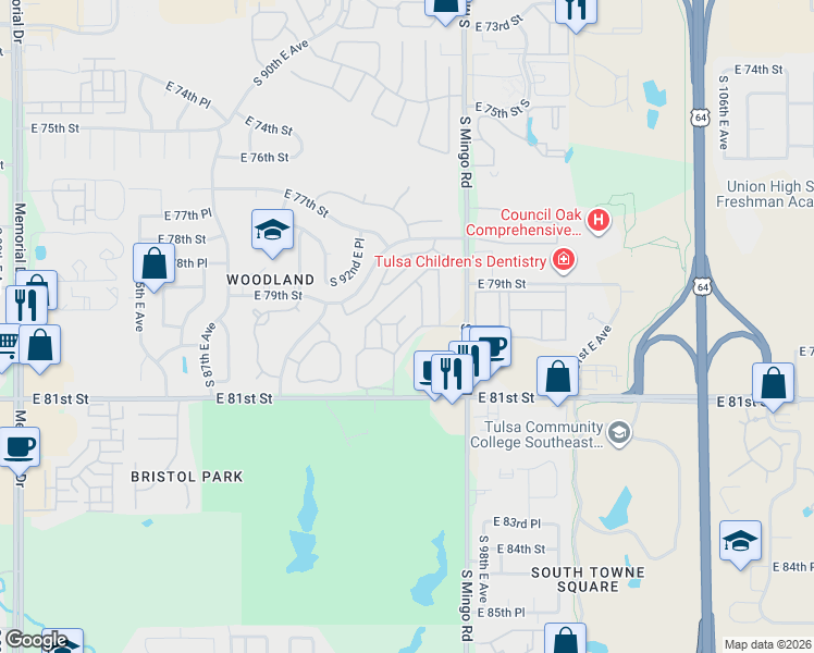 map of restaurants, bars, coffee shops, grocery stores, and more near 9303 East 81st Street in Tulsa