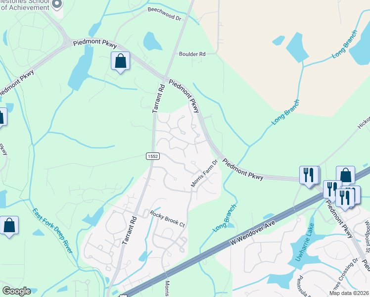 map of restaurants, bars, coffee shops, grocery stores, and more near 4451 Piedmont Trace Drive in Greensboro