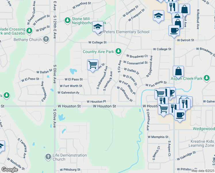 map of restaurants, bars, coffee shops, grocery stores, and more near 616 South Hemlock Avenue in Broken Arrow